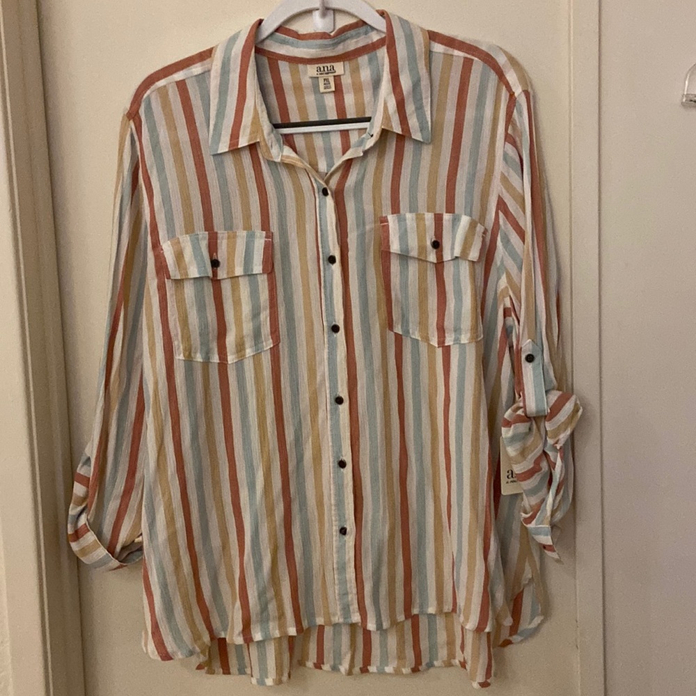 New a.n.a button down blouse. White with green, brown and tan stripes.
